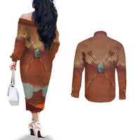 Geronimo Native American Couples Matching Off The Shoulder Long Sleeve Dress and Long Sleeve Button Shirt Rifle and Desert Landscape Native American Warrior - Wonder Print Shop