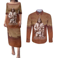Geronimo Native American Couples Matching Puletasi and Long Sleeve Button Shirt Rifle and Desert Landscape Native American Warrior - Wonder Print Shop