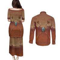 Geronimo Native American Couples Matching Puletasi and Long Sleeve Button Shirt Rifle and Desert Landscape Native American Warrior - Wonder Print Shop