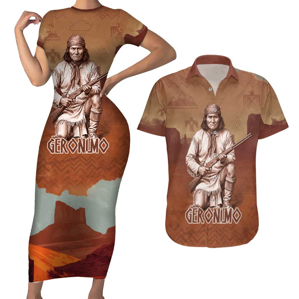 Geronimo Native American Couples Matching Short Sleeve Bodycon Dress and Hawaiian Shirt Rifle and Desert Landscape Native American Warrior - Wonder Print Shop