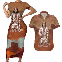 Geronimo Native American Couples Matching Short Sleeve Bodycon Dress and Hawaiian Shirt Rifle and Desert Landscape Native American Warrior - Wonder Print Shop