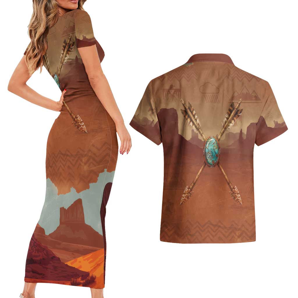 Geronimo Native American Couples Matching Short Sleeve Bodycon Dress and Hawaiian Shirt Rifle and Desert Landscape Native American Warrior - Wonder Print Shop