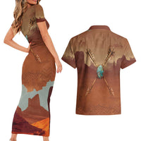 Geronimo Native American Couples Matching Short Sleeve Bodycon Dress and Hawaiian Shirt Rifle and Desert Landscape Native American Warrior - Wonder Print Shop
