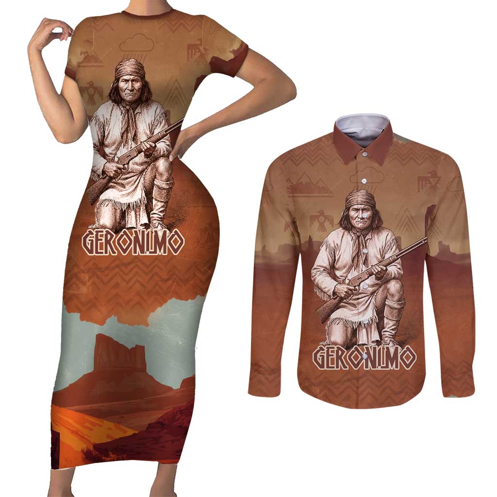 Geronimo Native American Couples Matching Short Sleeve Bodycon Dress and Long Sleeve Button Shirt Rifle and Desert Landscape Native American Warrior - Wonder Print Shop