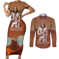 Geronimo Native American Couples Matching Short Sleeve Bodycon Dress and Long Sleeve Button Shirt Rifle and Desert Landscape Native American Warrior - Wonder Print Shop