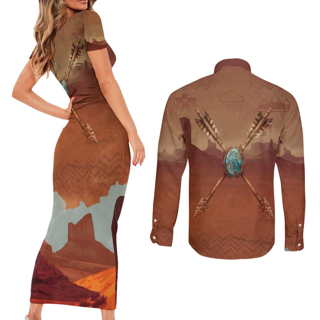 Geronimo Native American Couples Matching Short Sleeve Bodycon Dress and Long Sleeve Button Shirt Rifle and Desert Landscape Native American Warrior - Wonder Print Shop