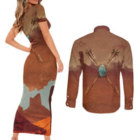 Geronimo Native American Couples Matching Short Sleeve Bodycon Dress and Long Sleeve Button Shirt Rifle and Desert Landscape Native American Warrior - Wonder Print Shop