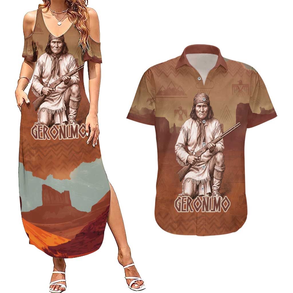 Geronimo Native American Couples Matching Summer Maxi Dress and Hawaiian Shirt Rifle and Desert Landscape Native American Warrior - Wonder Print Shop