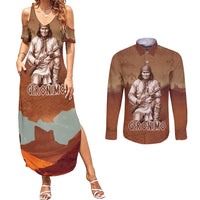 Geronimo Native American Couples Matching Summer Maxi Dress and Long Sleeve Button Shirt Rifle and Desert Landscape Native American Warrior - Wonder Print Shop