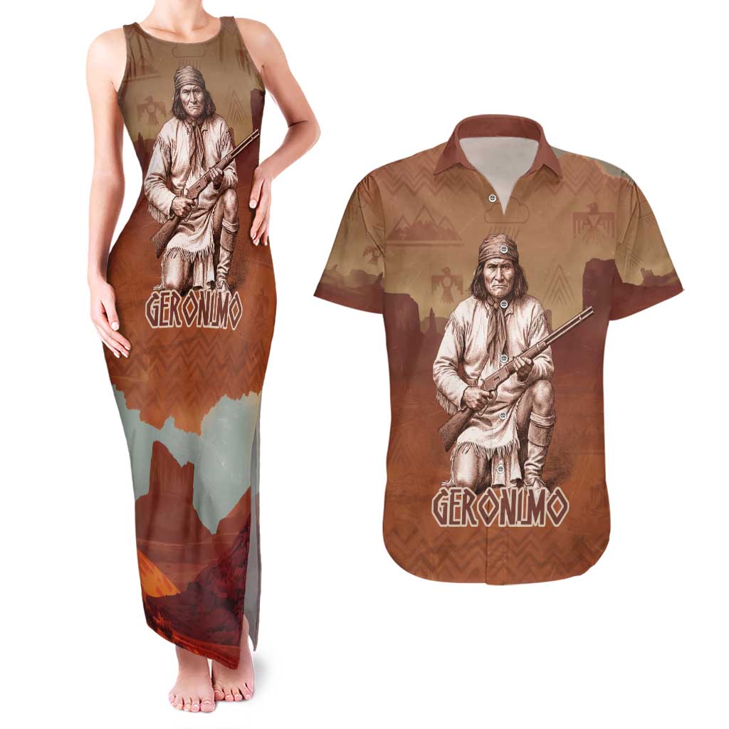 Geronimo Native American Couples Matching Tank Maxi Dress and Hawaiian Shirt Rifle and Desert Landscape Native American Warrior - Wonder Print Shop