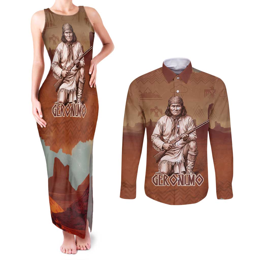Geronimo Native American Couples Matching Tank Maxi Dress and Long Sleeve Button Shirt Rifle and Desert Landscape Native American Warrior - Wonder Print Shop