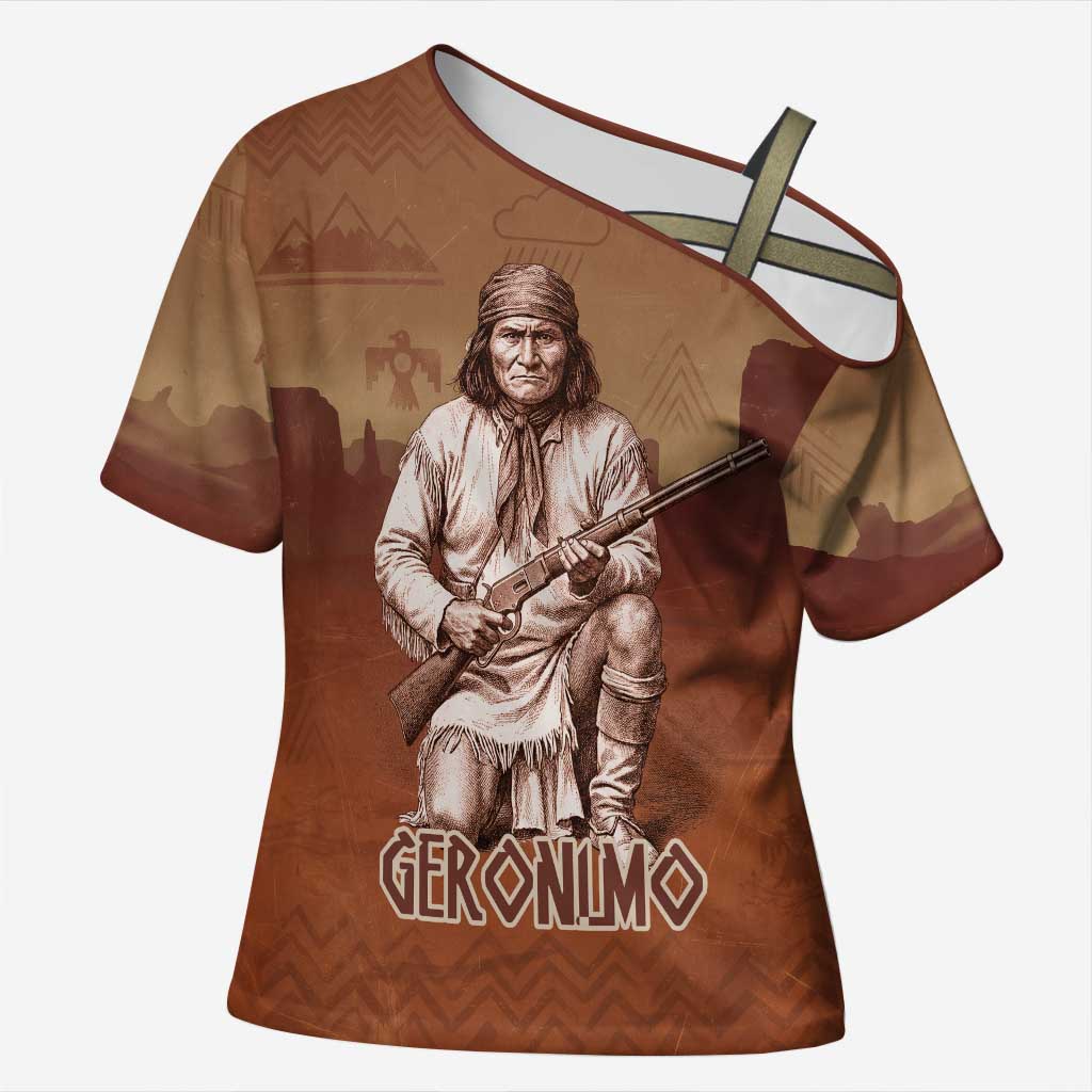 Geronimo Native American Cross Shoulder Shirt Rifle and Desert Landscape Native American Warrior - Wonder Print Shop