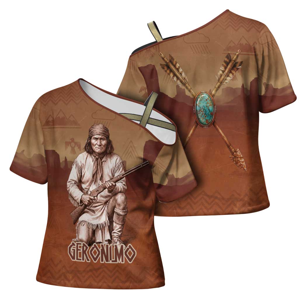 Geronimo Native American Cross Shoulder Shirt Rifle and Desert Landscape Native American Warrior - Wonder Print Shop