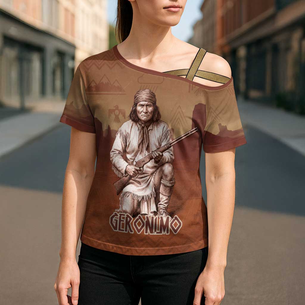 Geronimo Native American Cross Shoulder Shirt Rifle and Desert Landscape Native American Warrior - Wonder Print Shop
