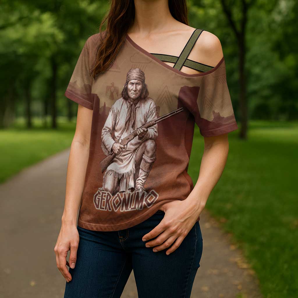 Geronimo Native American Cross Shoulder Shirt Rifle and Desert Landscape Native American Warrior - Wonder Print Shop