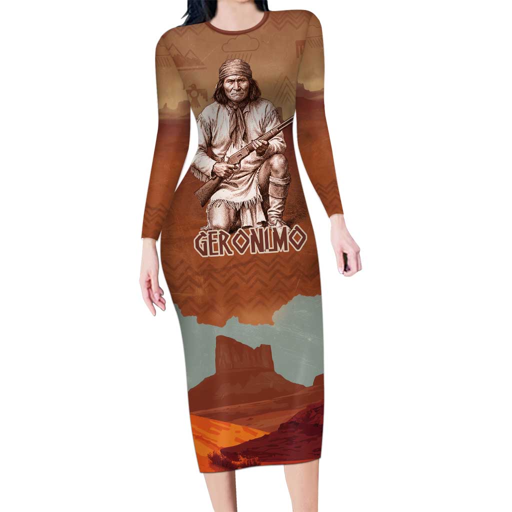 Geronimo Native American Family Matching Long Sleeve Bodycon Dress and Hawaiian Shirt Rifle and Desert Landscape Native American Warrior - Wonder Print Shop