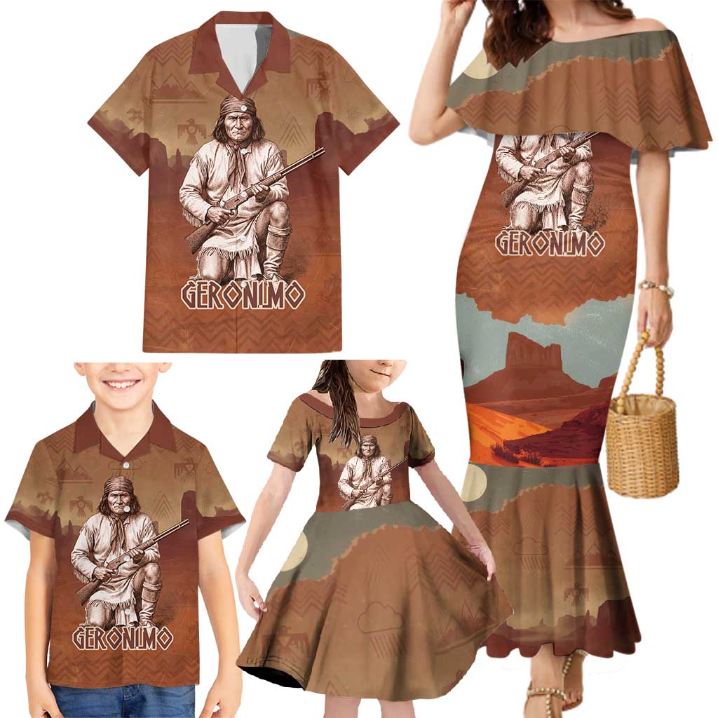 Geronimo Native American Family Matching Mermaid Dress and Hawaiian Shirt Rifle and Desert Landscape Native American Warrior - Wonder Print Shop