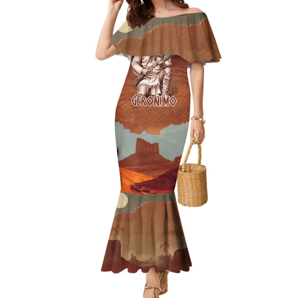 Geronimo Native American Family Matching Mermaid Dress and Hawaiian Shirt Rifle and Desert Landscape Native American Warrior - Wonder Print Shop
