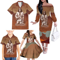 Geronimo Native American Family Matching Off The Shoulder Long Sleeve Dress and Hawaiian Shirt Rifle and Desert Landscape Native American Warrior - Wonder Print Shop