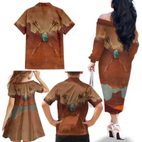 Geronimo Native American Family Matching Off The Shoulder Long Sleeve Dress and Hawaiian Shirt Rifle and Desert Landscape Native American Warrior - Wonder Print Shop