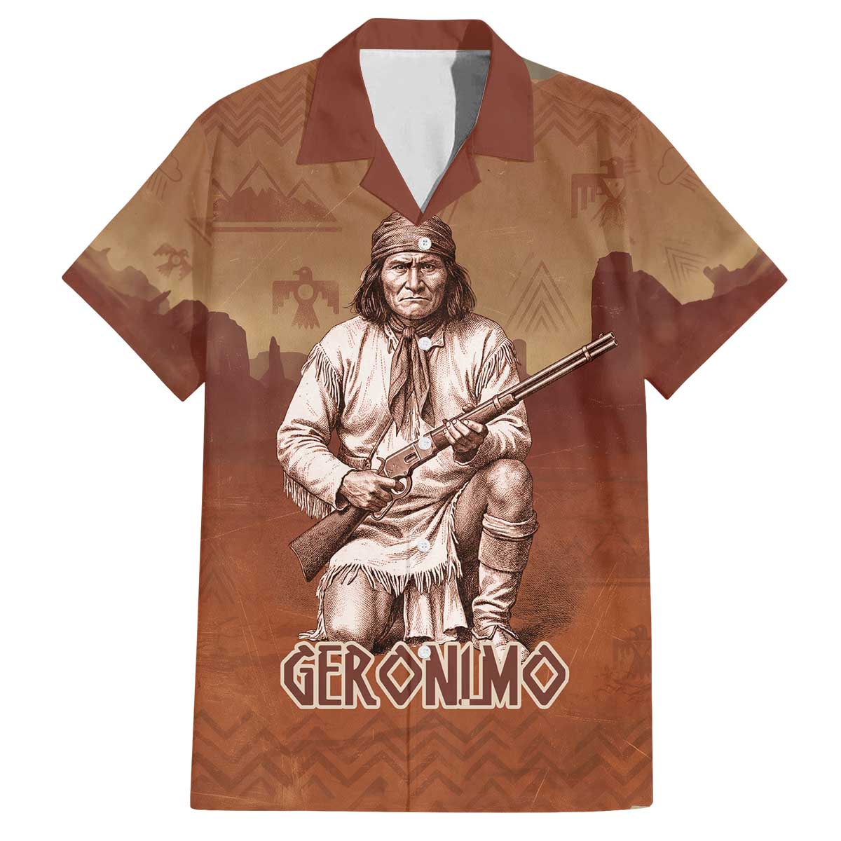 Geronimo Native American Family Matching Off The Shoulder Long Sleeve Dress and Hawaiian Shirt Rifle and Desert Landscape Native American Warrior - Wonder Print Shop