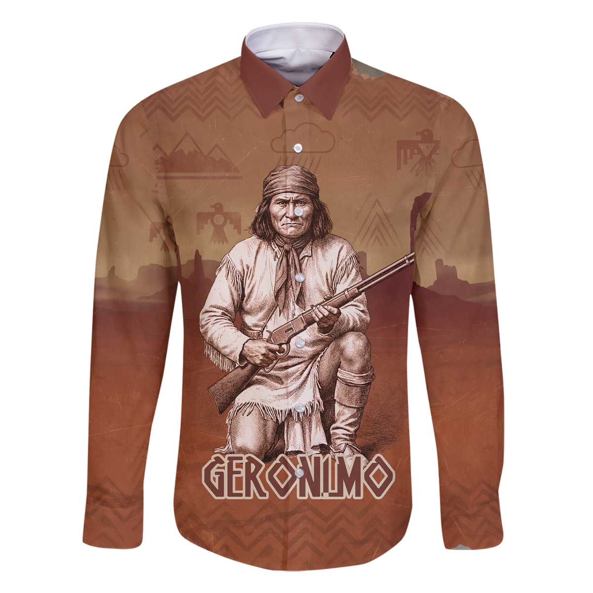Geronimo Native American Family Matching Off The Shoulder Long Sleeve Dress and Hawaiian Shirt Rifle and Desert Landscape Native American Warrior - Wonder Print Shop