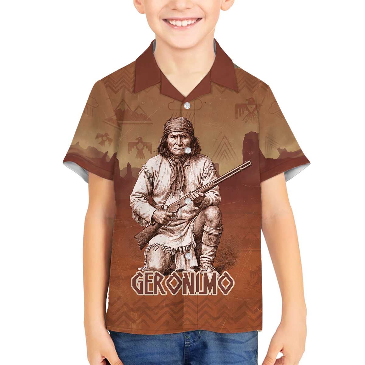 Geronimo Native American Family Matching Off The Shoulder Long Sleeve Dress and Hawaiian Shirt Rifle and Desert Landscape Native American Warrior - Wonder Print Shop
