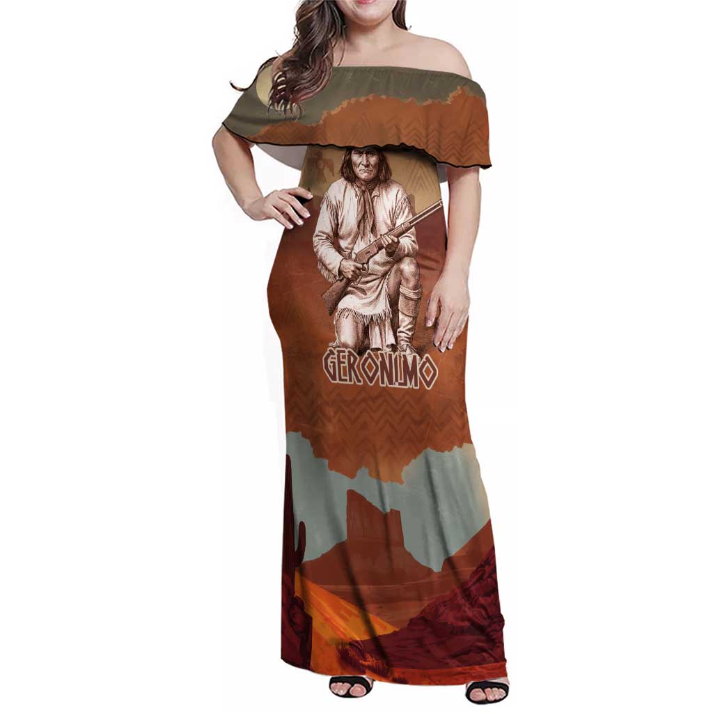 Geronimo Native American Family Matching Off Shoulder Maxi Dress and Hawaiian Shirt Rifle and Desert Landscape Native American Warrior - Wonder Print Shop