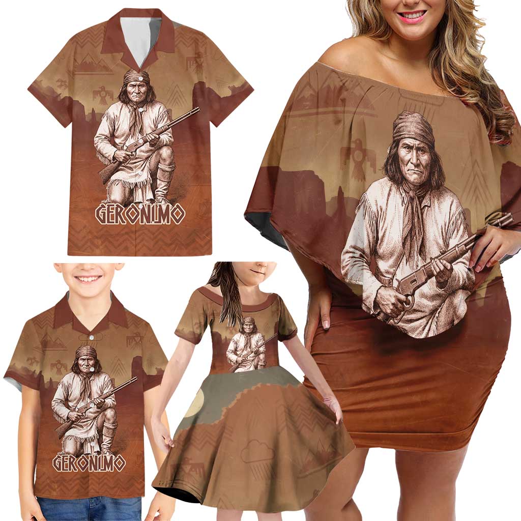 Geronimo Native American Family Matching Off Shoulder Short Dress and Hawaiian Shirt Rifle and Desert Landscape Native American Warrior - Wonder Print Shop