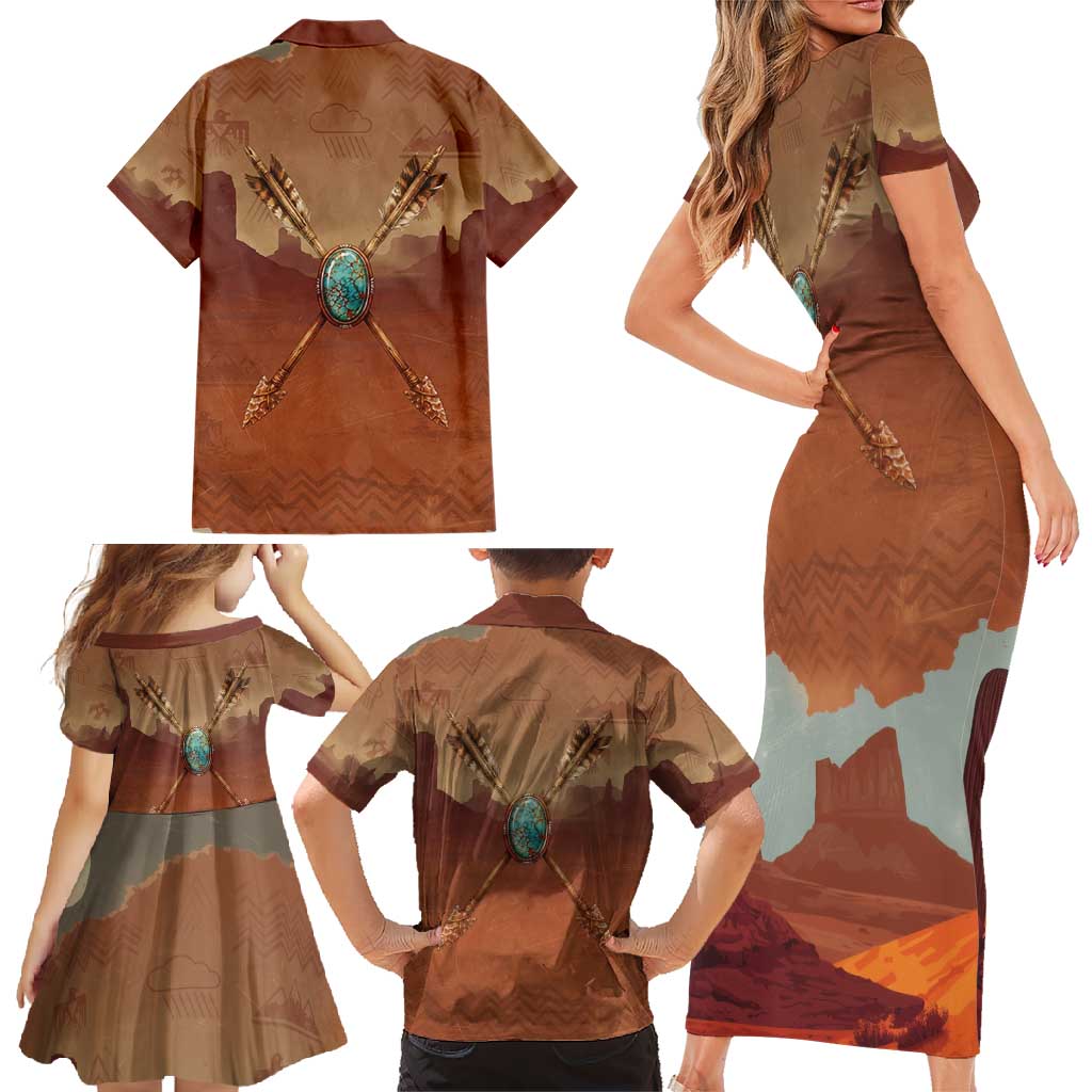 Geronimo Native American Family Matching Short Sleeve Bodycon Dress and Hawaiian Shirt Rifle and Desert Landscape Native American Warrior - Wonder Print Shop