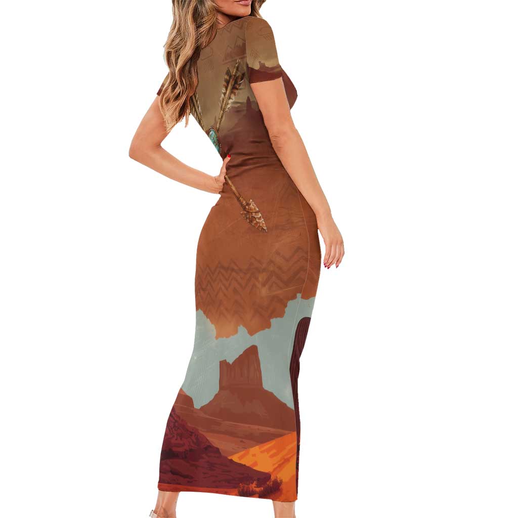 Geronimo Native American Family Matching Short Sleeve Bodycon Dress and Hawaiian Shirt Rifle and Desert Landscape Native American Warrior - Wonder Print Shop