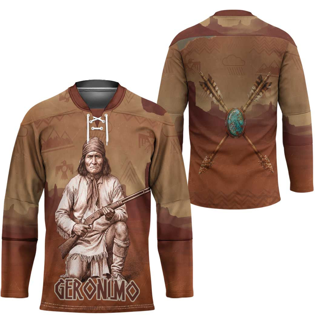Geronimo Native American Hockey Jersey Rifle and Desert Landscape Native American Warrior - Wonder Print Shop
