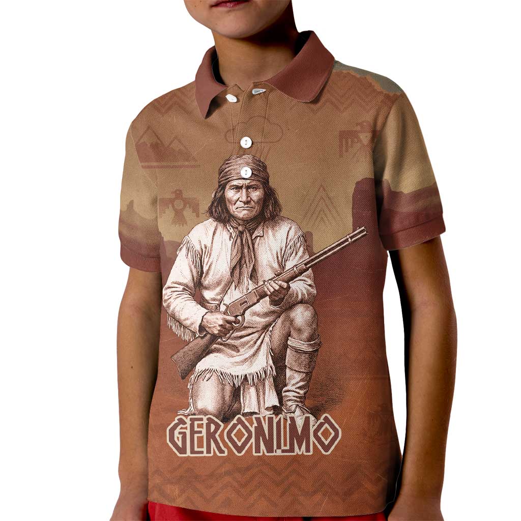 Geronimo Native American Kid Polo Shirt Rifle and Desert Landscape Native American Warrior - Wonder Print Shop