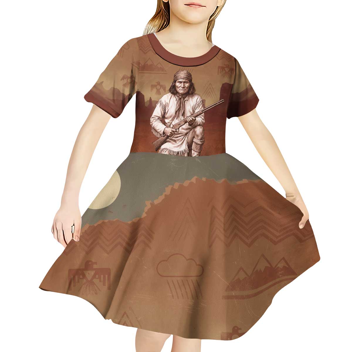 Geronimo Native American Kid Short Sleeve Dress Rifle and Desert Landscape Native American Warrior - Wonder Print Shop