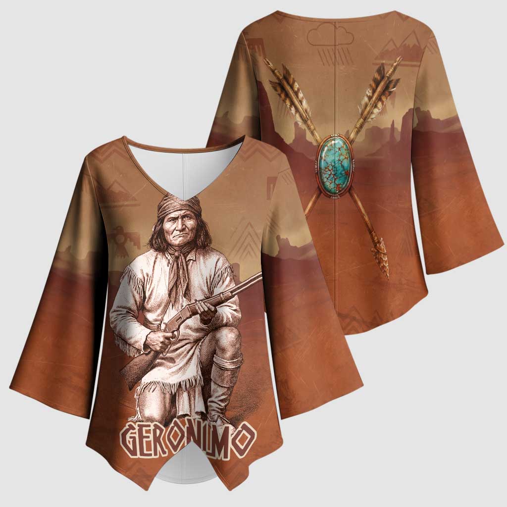 Geronimo Native American Kimono Sleeve Blouse Rifle and Desert Landscape Native American Warrior - Wonder Print Shop