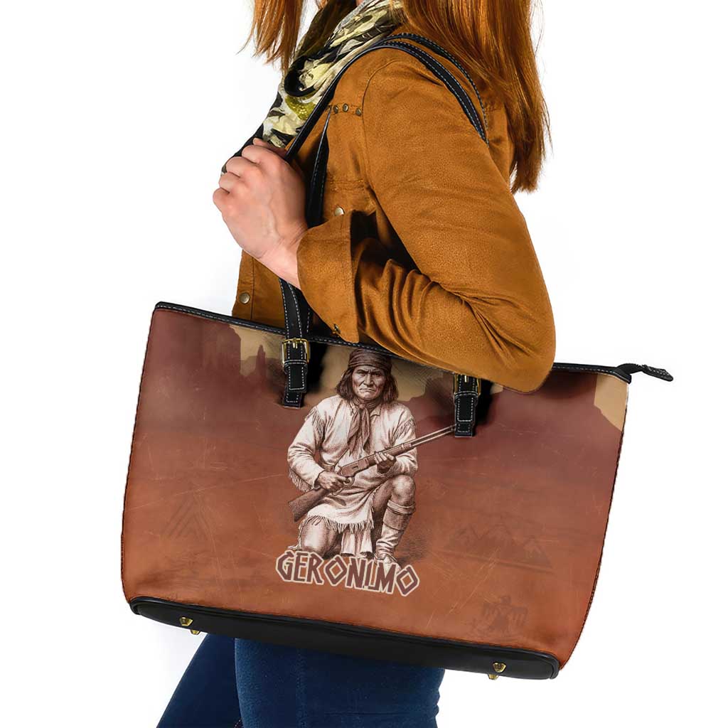 Geronimo Native American Leather Tote Bag Rifle and Desert Landscape Native American Warrior - Wonder Print Shop