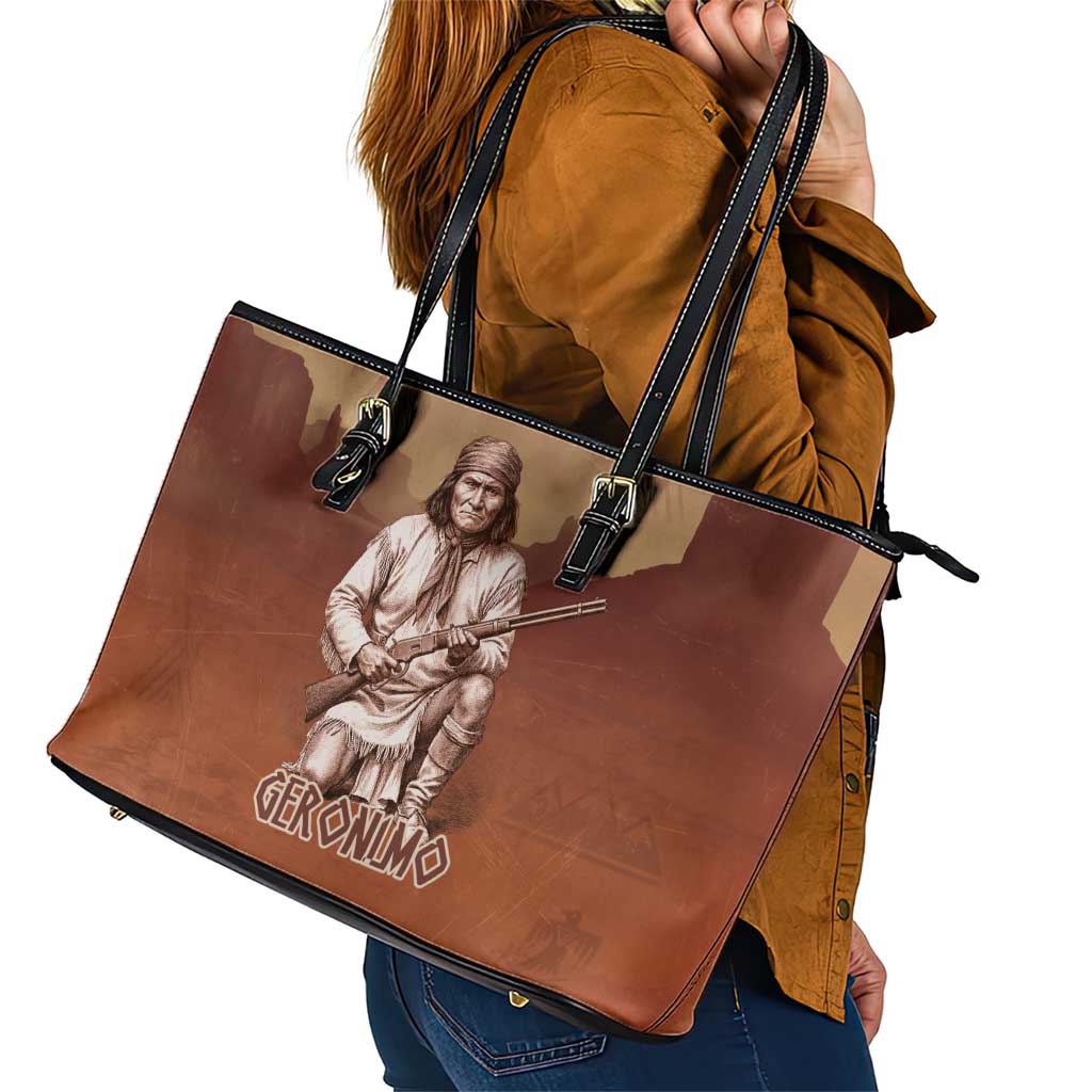 Geronimo Native American Leather Tote Bag Rifle and Desert Landscape Native American Warrior - Wonder Print Shop