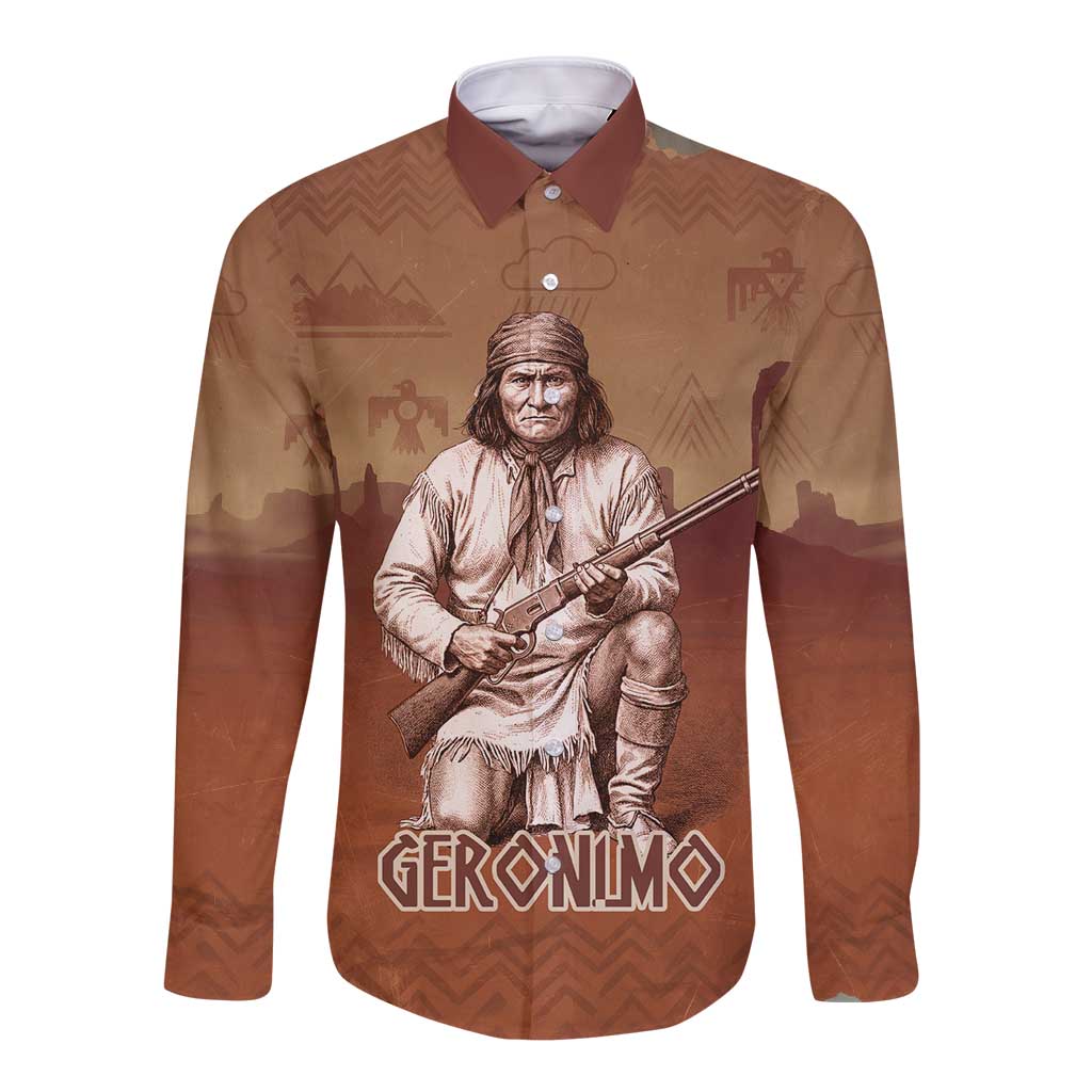 Geronimo Native American Long Sleeve Button Shirt Rifle and Desert Landscape Native American Warrior - Wonder Print Shop