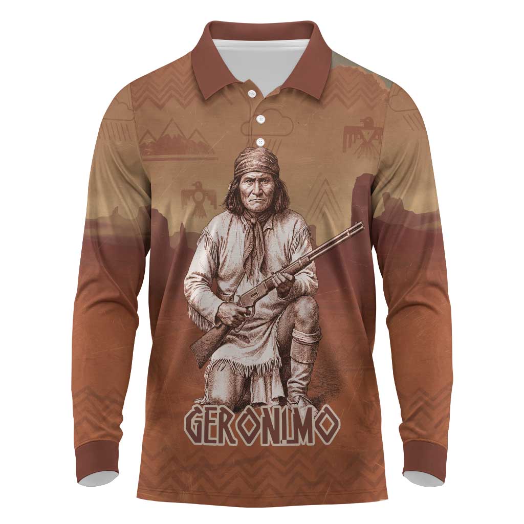 Geronimo Native American Long Sleeve Polo Shirt Rifle and Desert Landscape Native American Warrior - Wonder Print Shop