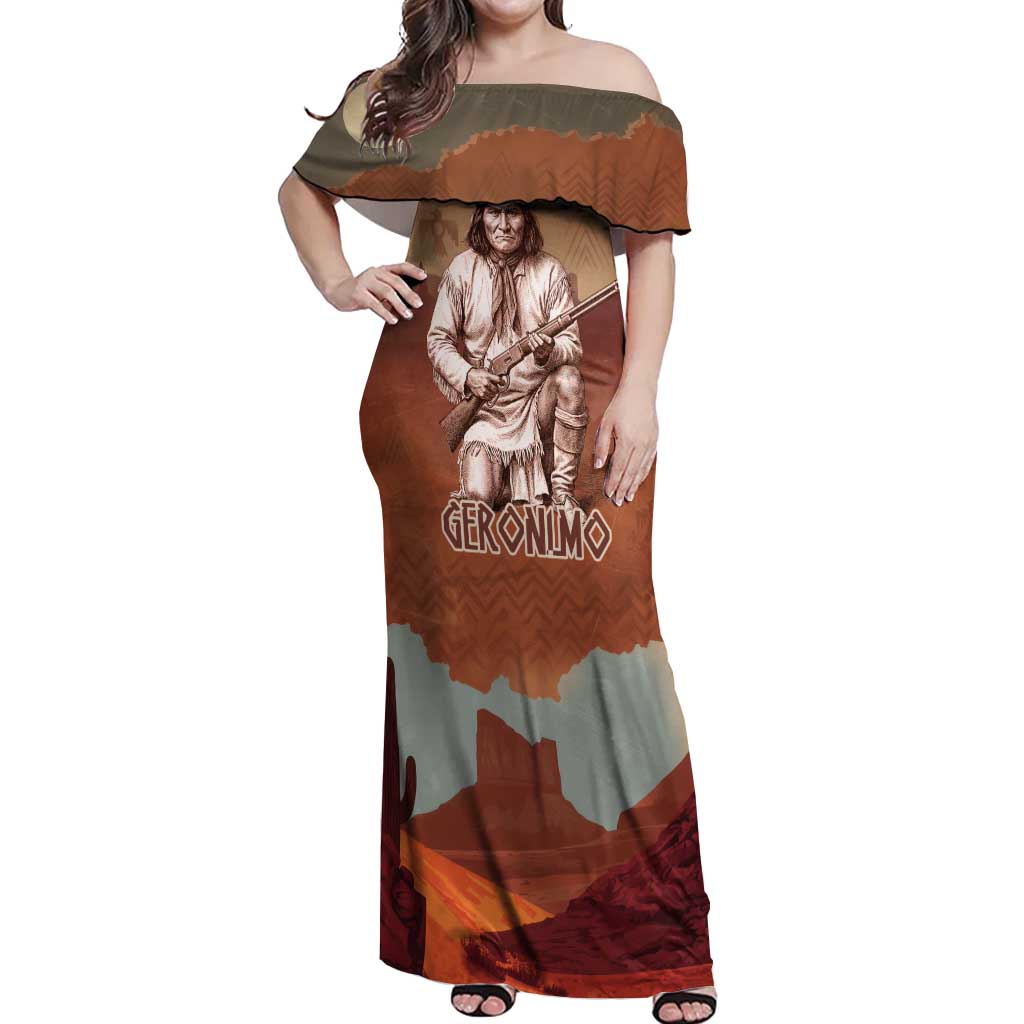 Geronimo Native American Off Shoulder Maxi Dress Rifle and Desert Landscape Native American Warrior - Wonder Print Shop