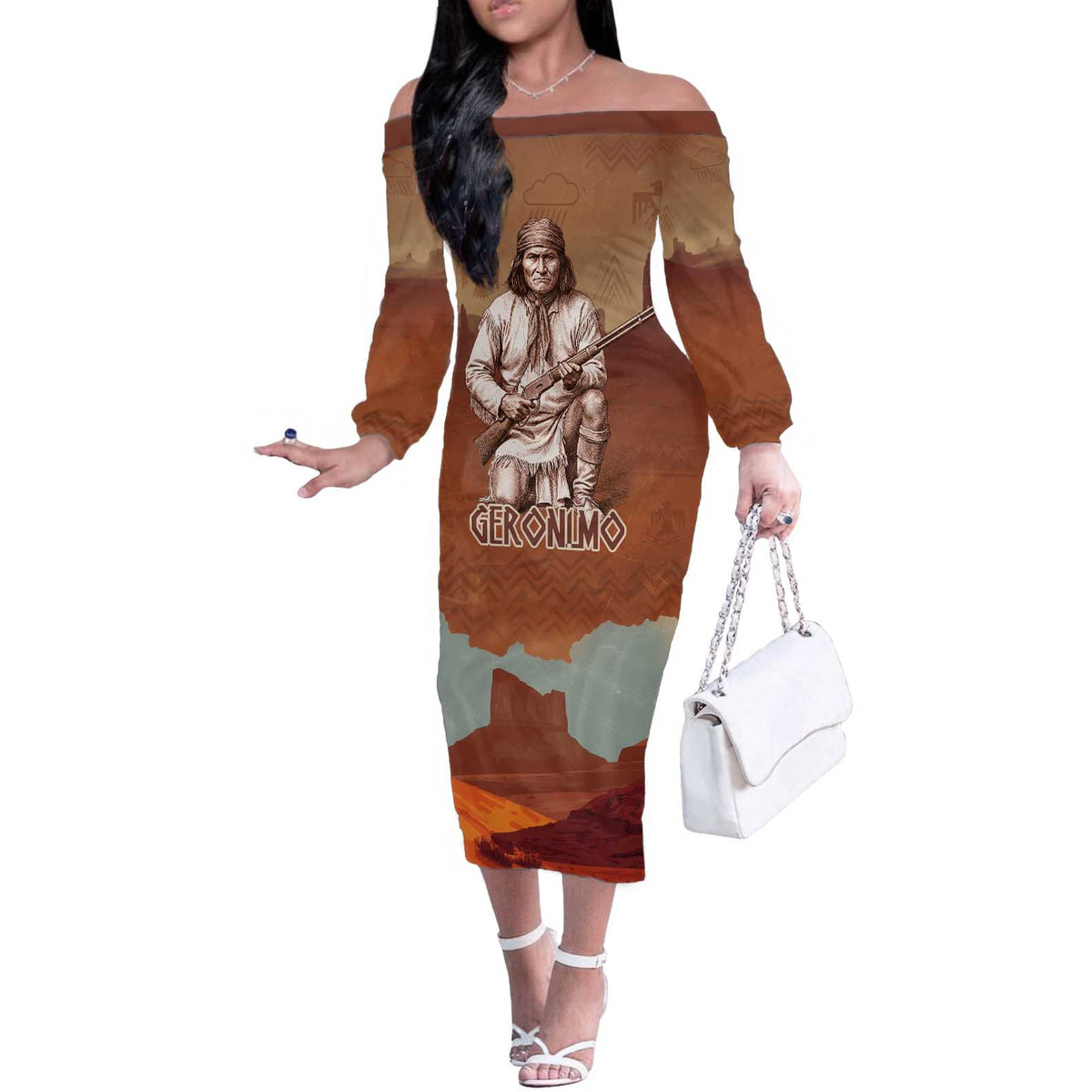 Geronimo Native American Off The Shoulder Long Sleeve Dress Rifle and Desert Landscape Native American Warrior - Wonder Print Shop