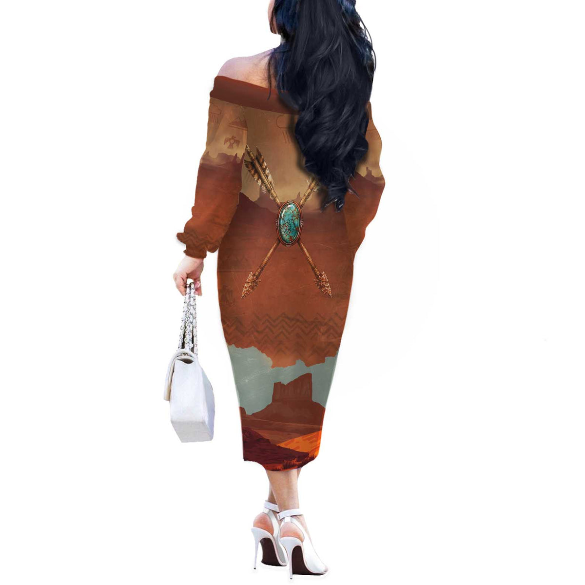 Geronimo Native American Off The Shoulder Long Sleeve Dress Rifle and Desert Landscape Native American Warrior - Wonder Print Shop