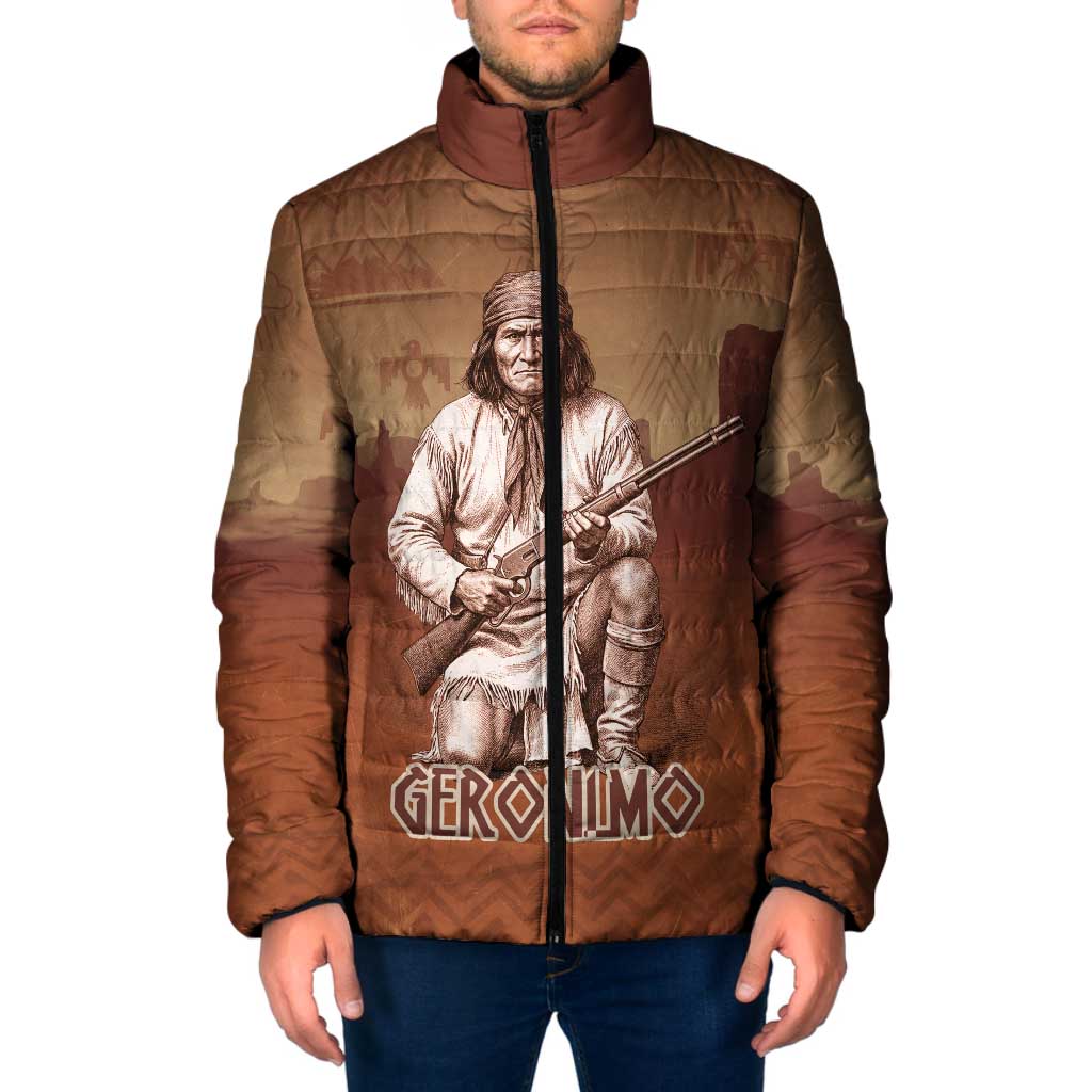 Geronimo Native American Padded Jacket Rifle and Desert Landscape Native American Warrior - Wonder Print Shop