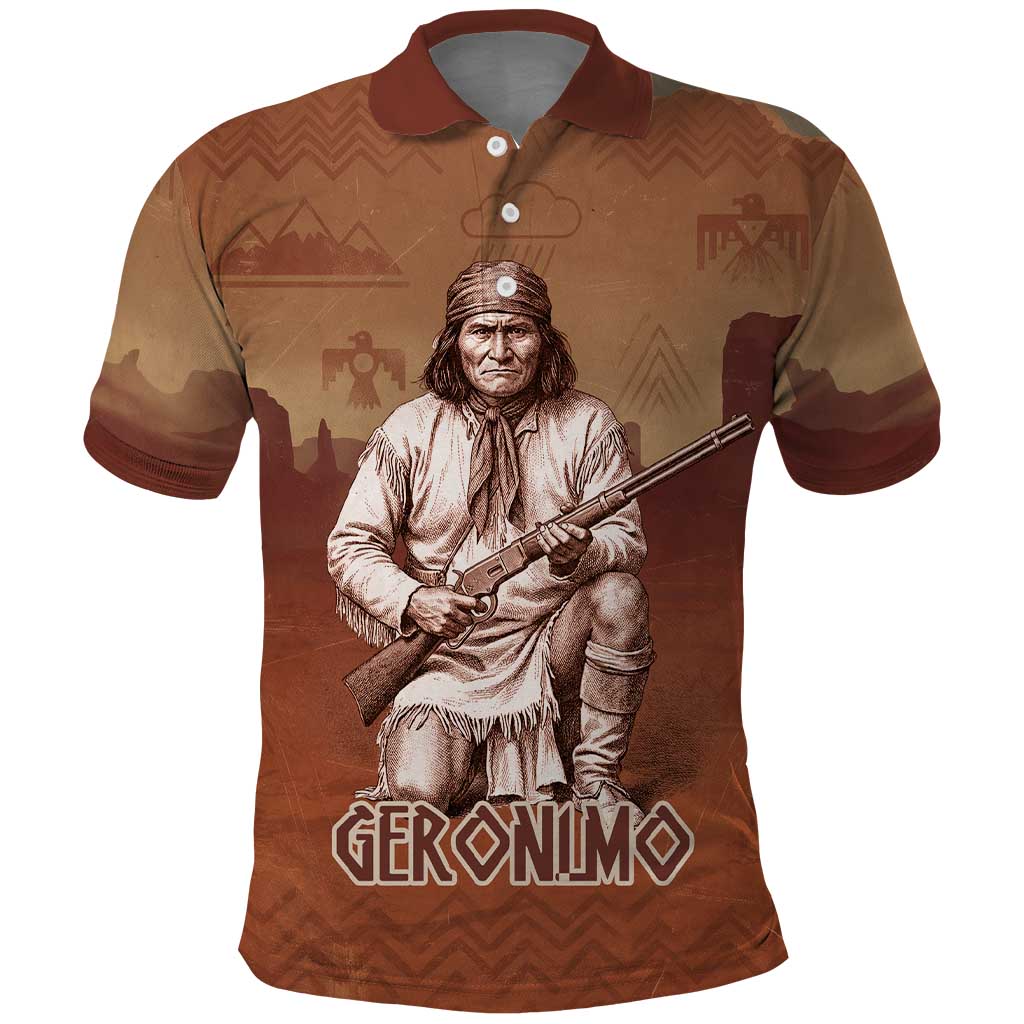 Geronimo Native American Polo Shirt Rifle and Desert Landscape Native American Warrior - Wonder Print Shop