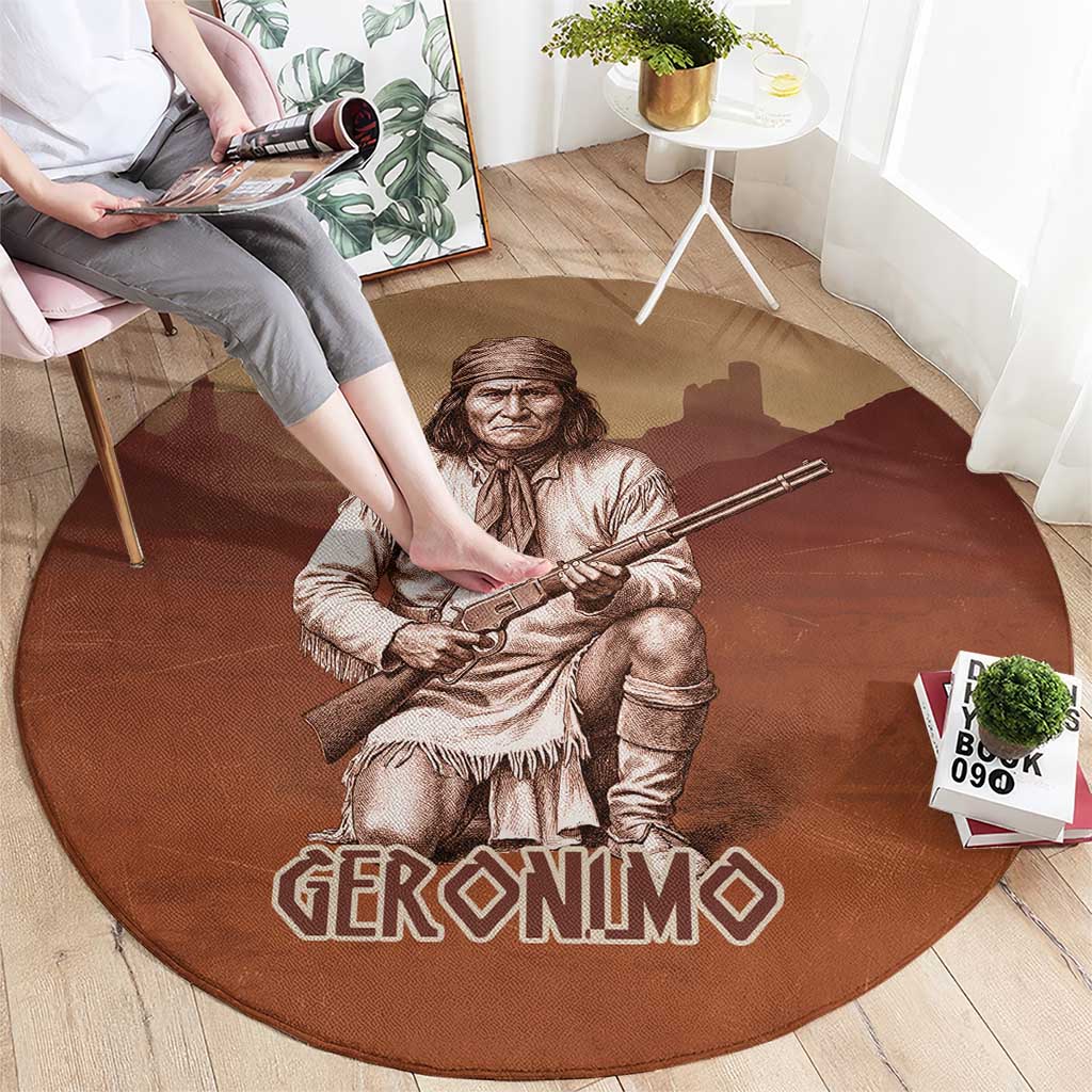 Geronimo Native American Round Carpet Rifle and Desert Landscape Native American Warrior - Wonder Print Shop