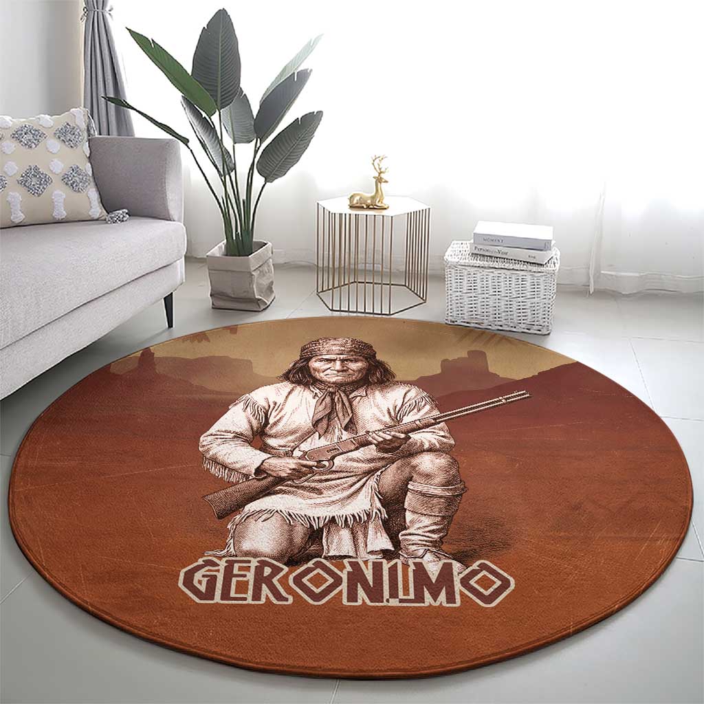 Geronimo Native American Round Carpet Rifle and Desert Landscape Native American Warrior - Wonder Print Shop
