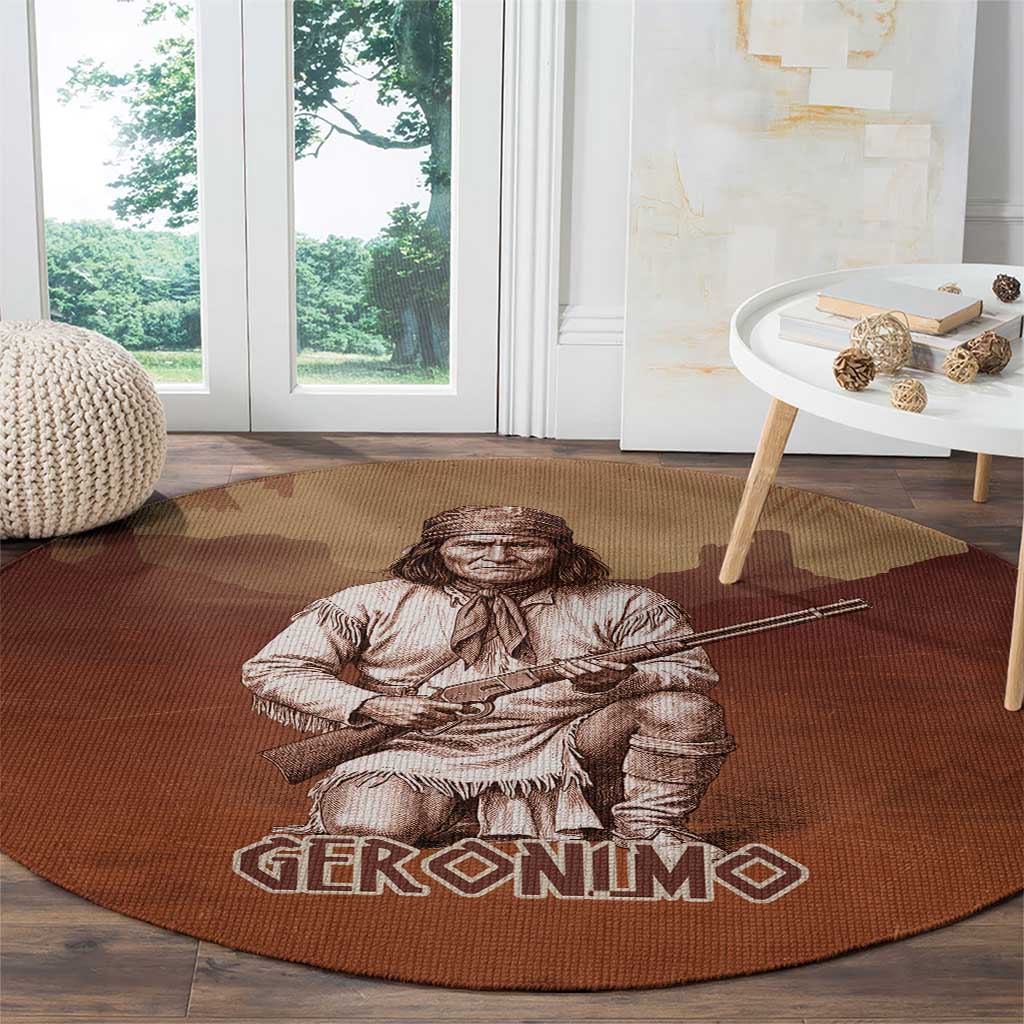 Geronimo Native American Round Carpet Rifle and Desert Landscape Native American Warrior - Wonder Print Shop