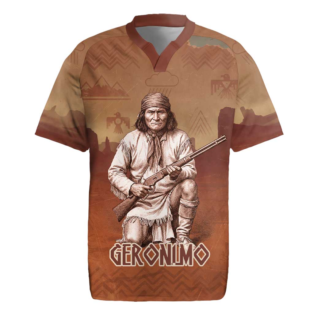 Geronimo Native American Rugby Jersey Rifle and Desert Landscape Native American Warrior - Wonder Print Shop