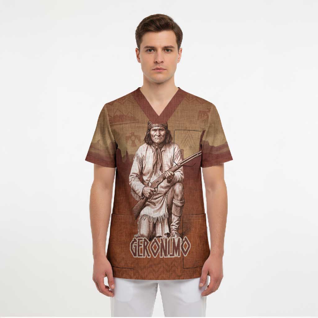 Geronimo Native American Scrub Top Rifle and Desert Landscape Native American Warrior - Wonder Print Shop