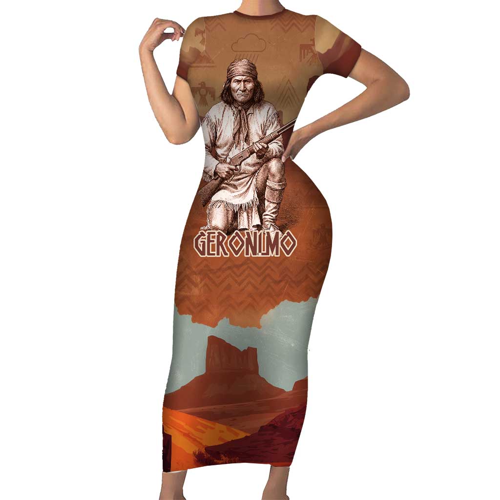 Geronimo Native American Short Sleeve Bodycon Dress Rifle and Desert Landscape Native American Warrior - Wonder Print Shop
